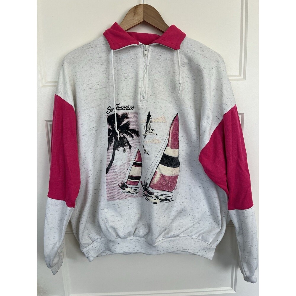 Vtg 80s B&J San Francisco Sweatshirt Mens XL Colorblock Sailboat 1/4 Zip USA